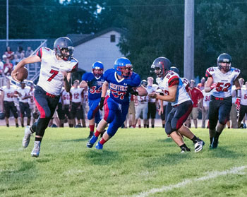 Van Wert running back Trevor Wehner (7) scores during Friday night's scrimmage between the Cougars and Crestview Knights. (Bob Barnes/Van Wert independent)