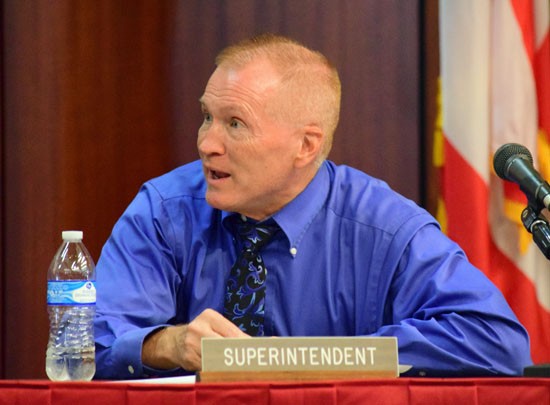 Van Wert City Schools Superintendent Ken Amstutz talks about health insurance costs during Wednesday's school board meeting. (Dave Mosier/Van Wert independent)