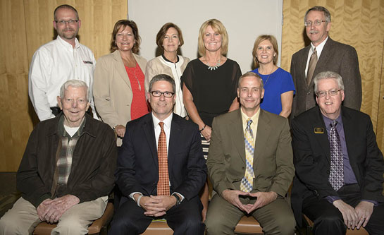 Shown are (front row, from the left) Les Brandewie, Brandewie-Weber Insurance; Pete Falk, Crown Equipment; Jerry Lehman, First National Bank-New Bremen; Dennis Hirt, WOEF Board member/Reynolds & Reynolds; (back row) Chad Tester, Wayne Trail; Julie Miller, WOEF development officer; Christine Noble, WOEF Board member/donor; Brenda Lange, Setex; Kelly Lloyd, First Financial Bank; and Dan Hosek, AAP of St. Marys. (WSU-LC photo)
