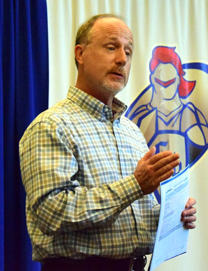 Ray Robinson of Energy Optimizers, USA provides information on a proposed LED light project during Monday's meeting of the Crestview Local Board of Education. Dave Mosier/Van Wert independent