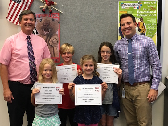 Congratulations to the Van Wert Elementary School Students chosen for the Word of the Week award!  Pictured with Mr. Gehres, Principal, and Mr. Krogman, Assistant Principal, are students recognized for being generous.  Award winners this week are Grace, grade 1; Libby, grade 2; Lottie, grade 3; Sam, grade 4;  and Ashlyn, grade 5.  Each child received a free Mighty Kids Meal from our local McDonalds and a certificate from WERT Radio. (Photo submitted.) 
