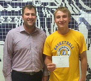Lincolnview High School Principal Brad Mendenhall (left) is shown with National Merit Commended Student Nick Motycka. (Lincolnview photo)