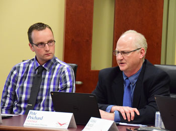 Ohio Technical Center Director Pete Prichard (right) talks about programs at the center while Vantage High School Director Tony Unverferth looks on. Dave Mosier/Van Wert independent