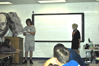 Juniors Colton Wolford and Skyla Menke giving their TED talk presentation in Mr. Hurst’s fifth period junior AP class. Their topic was “Cell phones in the classroom.” (Photo submitted.)