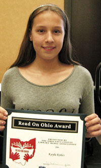 Kayla Krites with her Read On Ohio award. (photo submitted)