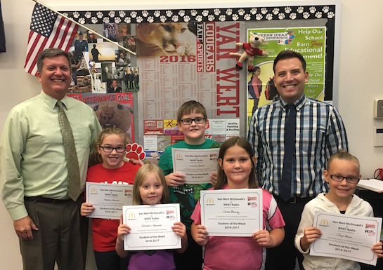 Congratulations to the Van Wert Elementary School Students chosen for the Word of the Week award!  Pictured with Mr. Gehres, Principal, and Mr. Krogman, Assistant Principal, are students recognized for working through obstacles and never giving up.  Award winners this week are Nevaeh, grade 1; Olivia, grade 2; Jayci, grade 3; Landon, grade 4; and Natalie, grade 5.  Each child received a free Mighty Kids Meal from our local McDonalds and a certificate from WERT Radio. (Photo submitted.)
