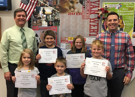 “Respect Authority”    Congratulations to the Van Wert Elementary School Students chosen for the Word of the Week award!  Pictured with Mr. Gehres, Principal, and Mr. Krogman, Assistant Principal, are students recognized for respecting authority.  Award winners this week are Andrew, grade 1; Madison, grade 2; Clayton, grade 3; Madison, grade 4; and Caleb, grade 5.  Each child received a free Mighty Kids Meal from our local McDonalds and a certificate from WERT Radio. (Photo submitted.) 