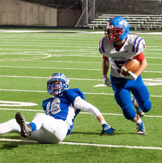 Knight receiver Chase Clark (5) gets some extra yardage after a catch in Saturday's playoff game. Bob Barnes/Van Wert independent