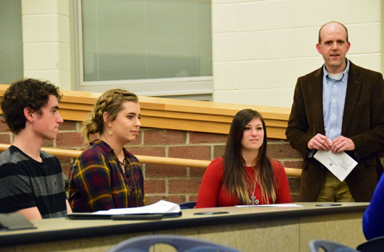 Advisor Chad Kraner (standing) with Lincolnview Drama Club officers (from the left Josh England, Lainie Jones, and Haley Pollock. Dave Mosier/Van Wert independent