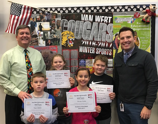 Congratulations to the Van Wert Elementary School Students chosen for the Word of the Week award!  Pictured with Mr. Gehres, Principal, and Mr. Krogman, Assistant Principal, are students recognized for being patient.  Award winners this week are Cooper, grade 1; AJ, grade 2; Brissia, grade 3; Danielle, grade 4; and Hailey, grade 5.  Each child received a free Mighty Kids Meal from our local McDonalds and a certificate from WERT Radio. (Photo submitted.).