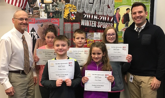 Congratulations to the Van Wert Elementary School Students chosen for the Word of the Week award!  Pictured with Mr. Krogman, Assistant Principal, and Mr. Collins, Guidance Counselor, are students recognized for having good self-control.  Award winners this week are Ava, grade 1; Caden, grade 2; Trey, grade 3; Myca, grade 4; and Keylei, grade 5.  Each child received a free Mighty Kids Meal from our local McDonalds and a certificate from WERT Radio. (Photo submitted.)
