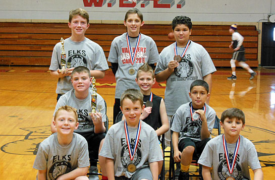 The winners in the boys’ divisions are include (front row, from the left) Age 8-9 Division: Griffin McCracken, first place; Holden Price, second place; and Christian Thatcher, third place; (middle row) Age 10-11 Division: Connor Sheets, first place; Bennett Kill, second place; and Isaiah Barton, third place; (back row) Age 12-13 Division: Landon Price, first place; Jaden Weaks, second place; and Trevon Barton, third place. (Elks photo)