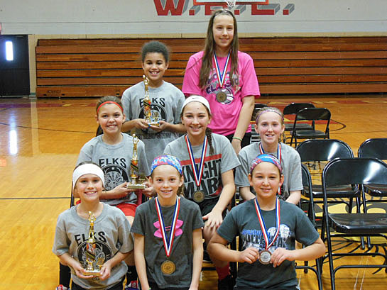 The winners in the girls’ divisions are (front row, from the left) Age 8-9 Division: Kaci Gregory, first place; Ellie Kline, second place; and Haley McCoy, third place; (middle row) Age 10-11 Division: Paige Williman, first place; Laci McCoy, second place; and Cali Gregory, third place; (back row) Age 12-13 Division: Kayla Krites, first place; and Sydnee Savage, second place. (Elks photo)
