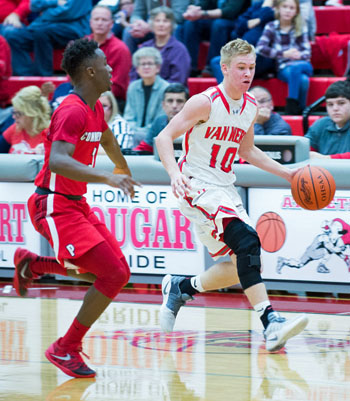 Van Wert's Nate Place (10) brings the ball up court during Friday's non-conference game against Lima Perry. The Cougars won the game 62-55. Bob Barnes/Van Wert independent