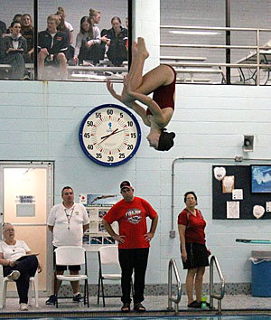 Van Wert's Madison Jarrett dives for the Cougars during Tuesday's meet against Bryan and Bath. (photo submitted)