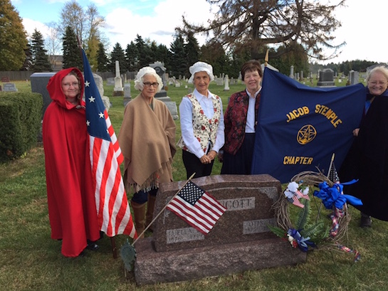 On November 11, 2016, members of the Jacob Stemple Chapter Daughters of the War of 1812 attended a rededication ceremony at the Rockport Methodist Cemetery, Allen County, to honor Jacob Stemple Chapter founder, Luella May (Smith) Lippincott 1876-1959.  Lippincott was descended through her mother Elizabeth Ann (Stemple) Smith to Jacob Stemple, who was a native of Virginia, born in 1792. Jacob  served in the war of 1812, under Gen. Harrison, and was captain of early militia companies of Carroll and Columbiana Counties. He had moved from Virginia in 1816; was also a justice of the peace several years. . He died in 1859. Luella Smith Lippincott founded the Jacob Stemple Chapter Daughters of the War of 1812 in 1952. January 8 was the Quasquicentennial of the National Society Daughters of the War of 1812 and March 27 will be the 65th Anniversary of the Jacob Stemple Chapter.  From the left: Kathy Foust, Joan Stripe, Gloria Fast, Miriam Fetters, and Esther Lyons.   (Photo submitted.)