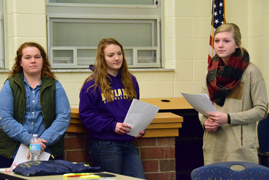 Lincolnview Senior Class officers Brooke Thatcher, Mckenzie Davis, and Kelsey Brennaman talk to the school board about the upcoming senior class trip. Dave Mosier/Van Wert independent