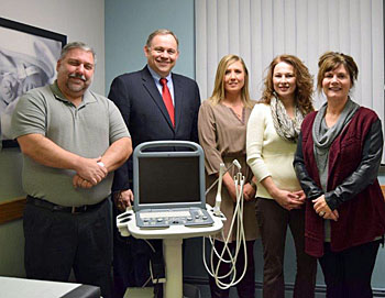 Shown are (from the left) Matthew Miller, M.D., medical director at the PLC and a family physician at Van Wert Medical Services; Van Wert County Hospital President/CEO Jim Pope; Trinity Langdon, director of the PLC Health Clinic; Heidi Kline, RN, PLC Health Clinic manager; and Kim Owns, RTMS, health clinic staff member. (photo submitted)