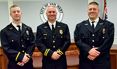 Shown are the three newly promoted VWFD officers: Captain David Cummings, Fire Chief Jon Jones, and Lieutenant Brian Ankney. Dave Mosier/Van Wert independent