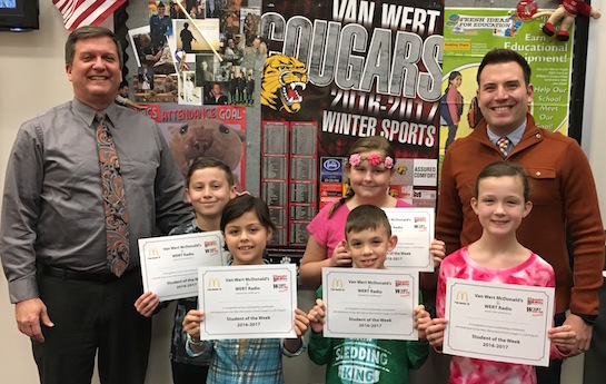 Congratulations to the Van Wert Elementary School students chosen for the Word of the Week award!  Pictured with Mr. Gehres, Principal, and Mr. Krogman, Assistant Principal, are students recognized for doing exceptional work.  Award winners this week are Jayden, grade 1; Izabella, grade 2; Callie, grade 3; Nate, grade 4; and Izabel, grade 5.  Each child received a free Mighty Kids Meal from our local McDonalds, a free taco from our local Taco Bell, and a certificate from WERT Radio. (Photo submitted.)