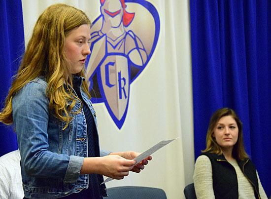 Crestview Middle School student Lauren Walls reads her Patriots' Pen essay during Thursday's Crestview Local Board of Education meeting. Dave Mosier/Van Wert independent