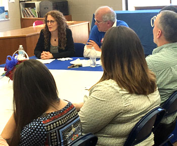 State School Board member Linda Haycock (top left) speaks at an Education Roundtable held in Crestview in February, while State Senator Cliff Hite and a number of Crestview educators, parents, and students listen. Dave Mosier/Van Wert independent