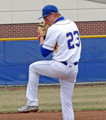 Lincolnview's Jalen Youtsey (23) winds up for a pitch during Tuesday's game against Fort Recovery. Scott Truxell/Van Wert independent