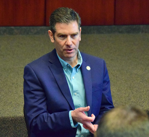 State Representative Craig Riedel (R-Defiance) speaks with school officials on Friday in the First Federal Lecture Hall of the Niswonger Performing Arts Center of Northwest Ohio. Dave Mosier/Van Wert independent