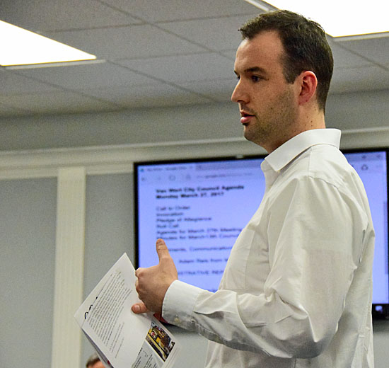 Main Street Van Wert Program Manager Adam Ries gives his last annual report to Van Wert City Council on Monday. Dave Mosier/Van Wert independent
