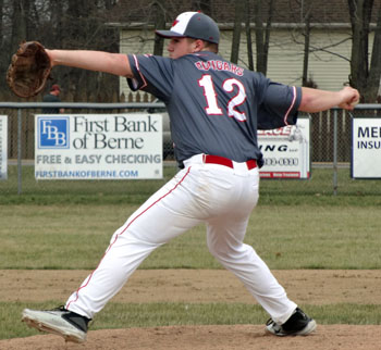 Van Wert's Caleb Fetzer (12) pitches a 1-hitter in his first outing of the year in a 5-0 win over Delphos Jefferson. Scott Truxell/Van Wert independent