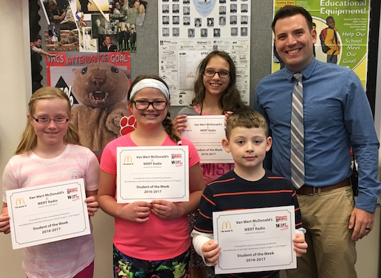 Congratulations to the Van Wert Elementary School students chosen for the Word of the Week award!  Pictured with Mr. Krogman, Assistant Principal, are students recognized for paying attention and being good listeners.  Award winners this week are Ethan, grade 1; Ella, grade 2; Angel, grade 3 (not pictured); Mia, grade 4; and Cassie, grade 5.  Each child received a free Mighty Kids Meal from our local McDonalds, a free taco from our local Taco Bell, and a certificate from WERT Radio. (Photo submitted.)