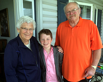 Alex Baughman is shown with his grandfather, Larry Thornell, and great-grandmother, Alma Thornell, who was the subject of the story he wrote. (photo submitted)