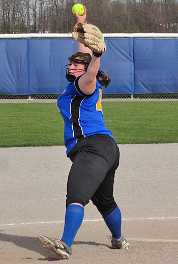 Lincolnview pitcher Macala Ashbaugh winds up during Tuesday's Northwest Conference softball game between the Knights and lincolnview Lancers. Scott Truxell/Van Wert independent