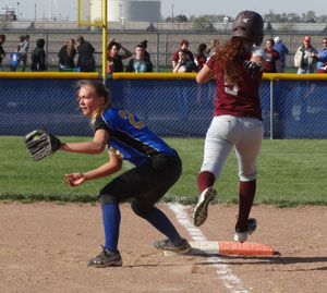 Lincolnview's Zoe Miller records an out at first base. Scott Truxell/Van Wert independent