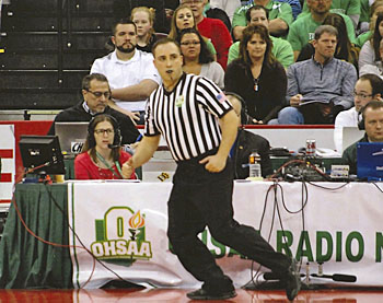 Local man Charles Schwab referees a Division III girls' state tournament game in Columbus. (photo submitted)