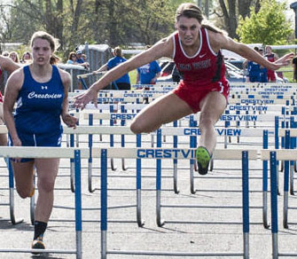 Van Wert's Peyton Fleming leads the pack, during Tuesday's county track meet. photo by Bob Barnes/Van Wert independent