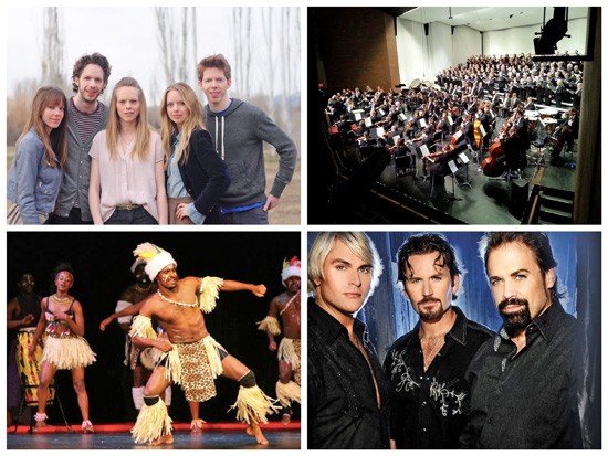 Shows for the 2017-18 Van Wert County Community Concert Series at the Niswonger Performing Arts Center of Northwest Ohio include (top row, from the left) 5 Browns and Canton Symphony Orchestra; (bottom row) Cirque Zuma Zuma and The Texas Tenors. 