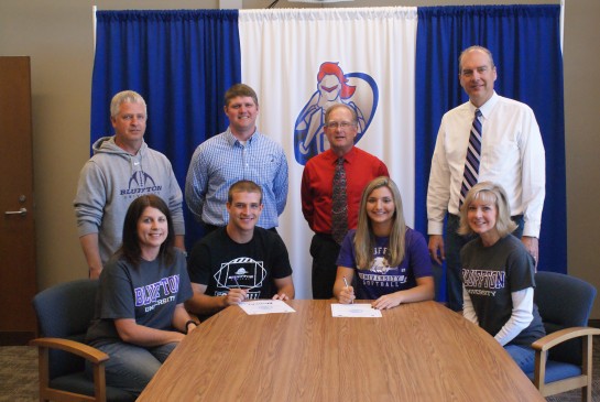 Crestview seniors Luke Gerardot and Sydney Bowen have signed to play football and softball, respectively, at Bluffton University next year.  Gerardot was a pivotal member of the 2016 Crestview regional runner-up football team, and Bowen was the starting center fielder for the 2016 Crestview State Softball Championship team.  Gerardot and Bowen both plan to major in  Early Childhood Education at Bluffton.  Pictured front left to right are Amy Gerardot, Luke Gerardot, Sydney Bowen, Pam Bowen.  Back row left to right Chris Gerardot, Crestview football coach Jared Owens, Crestview softball coach Carl Etzler, and Crestview Athletic Administrator and father, Dave Bowen. (Crestview photo)