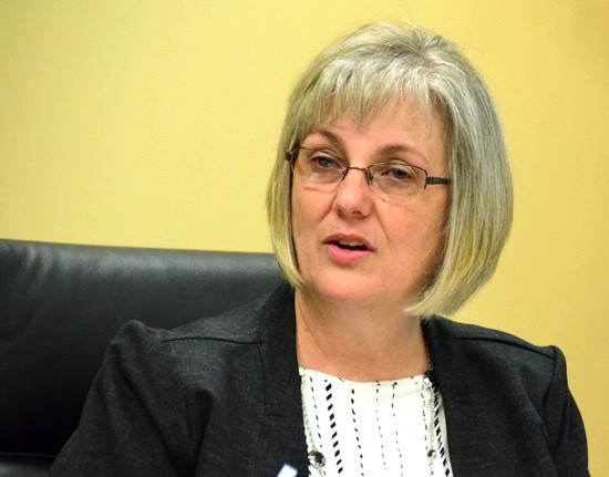 Treasurer Laura Peters updates the Vantage Career Center Board of Education on a revised five-year forecast during the board's May meeting on Thursday. Dave Mosier/Van Wert independent